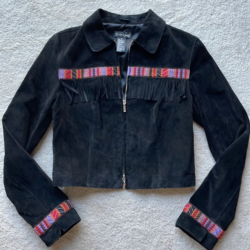 Vintage Bebe cropped suede fringe jacket